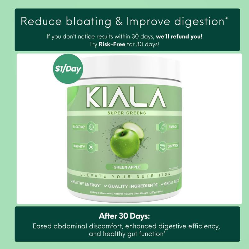 Kiala Nutrition Super Greens Organic Greens Powder with Spirulina & Chlorella for Digestion Gut Health Immunity & Energy Vegan Supplement