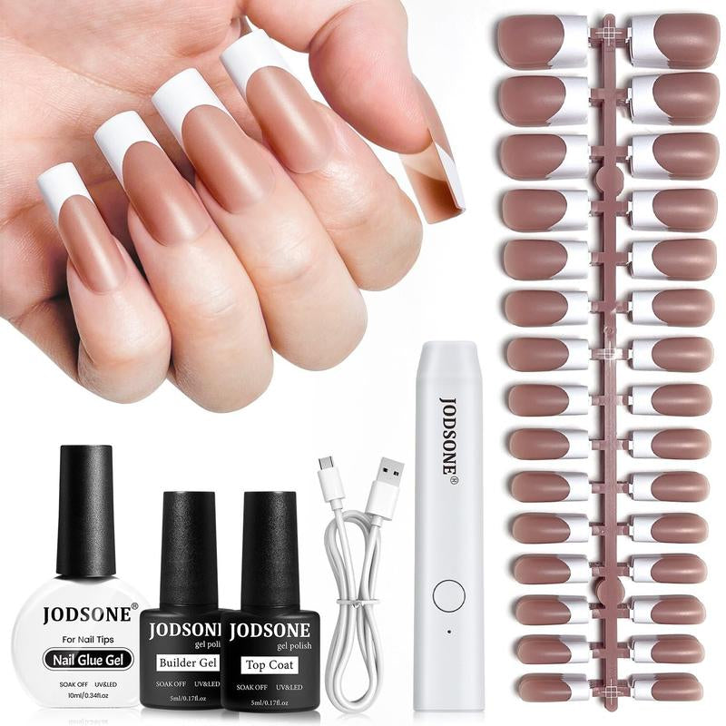 JODSONE 154PCS French Gel Nail Tips Kit French Tip Press on Nails Soft Fack Nail Tips Gel Nail Glue,Builder Gel,Top Coat,Nail Lamp All Included for Nail Art Easy DIY