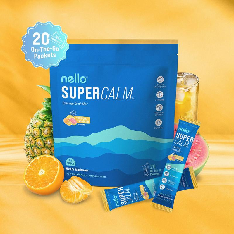 Nello Supercalm – Calming Drink Mix with KSM-66 Ashwagandha, Vitamin D3, Magnesium & L-Theanine – Supports Cortisol Balance, Mood & Sleep, Helps Manage Occasional Stress – Travel Packets (20 Servings)