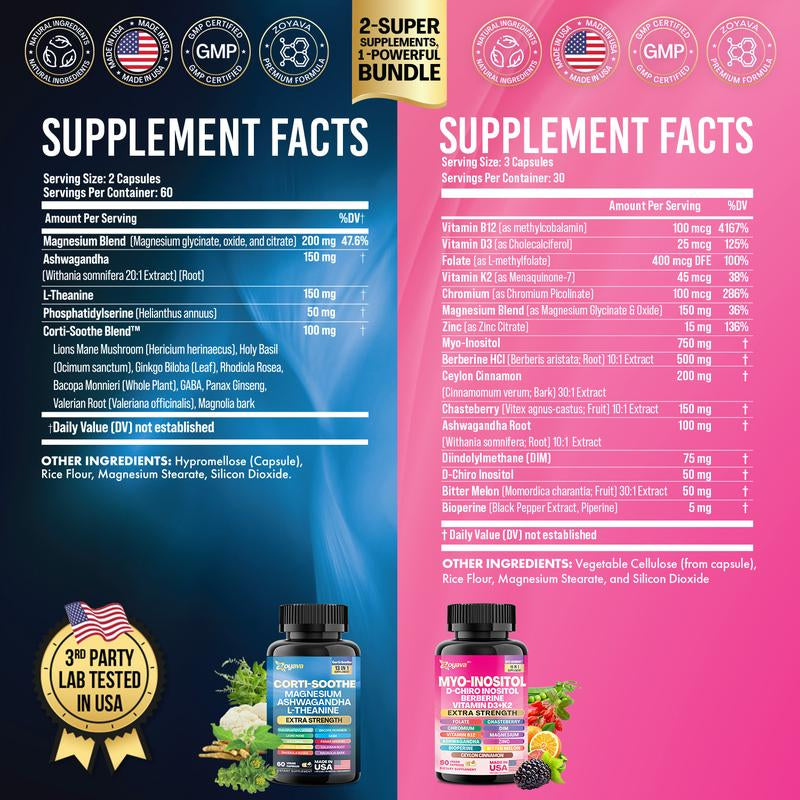 Soothe & Smooth Bundle - Zoyava Cortisol and Myo-Inositol All-In-One Dietary Supplement - Multivitamin Combo with Extra Strength Ingredients for Fitness & Healthcare - MADE in USA