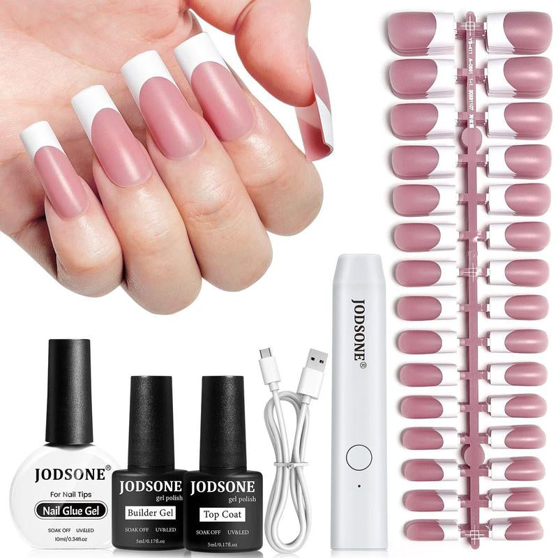 JODSONE 154PCS French Gel Nail Tips Kit French Tip Press on Nails Soft Fack Nail Tips Gel Nail Glue,Builder Gel,Top Coat,Nail Lamp All Included for Nail Art Easy DIY
