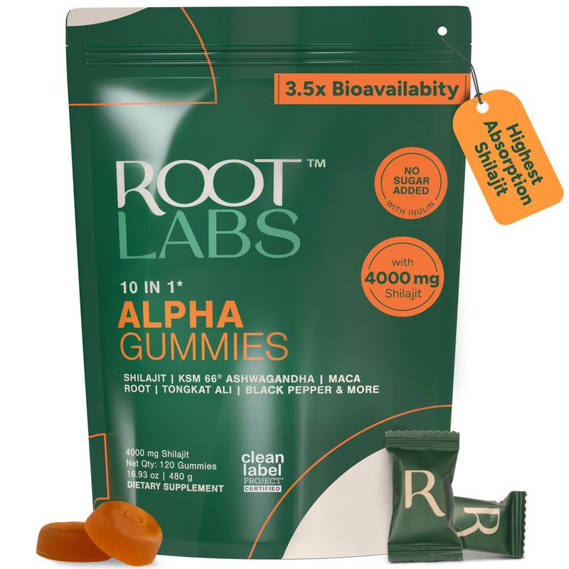 Root Labs 10-1 Alpha Gummies | 4000 Mg Pure Himalayan Shilajit | No Added Sugar | KSM-66 Ashwagandha, Tongkat Ali, Gokshura & Black Musli | Vegan, Non-Gmo, Individually Wrapped | 60 Gummies | Lab Tested for Purity & 3.5X Absorption