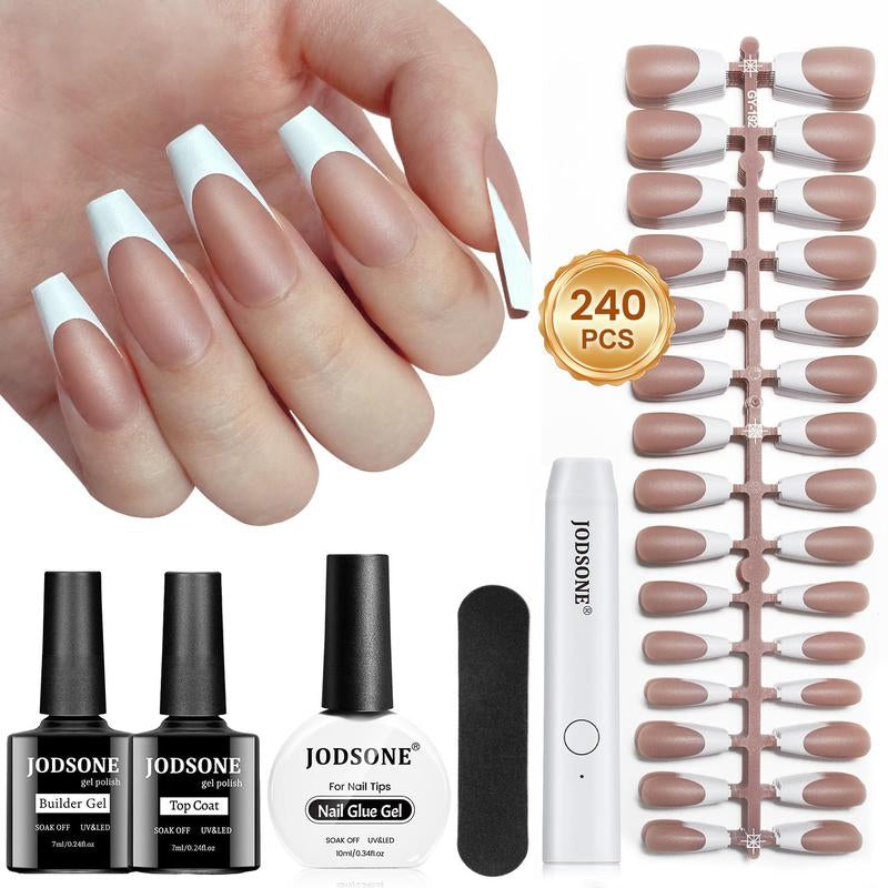 JODSONE 154PCS French Gel Nail Tips Kit French Tip Press on Nails Soft Fack Nail Tips Gel Nail Glue,Builder Gel,Top Coat,Nail Lamp All Included for Nail Art Easy DIY