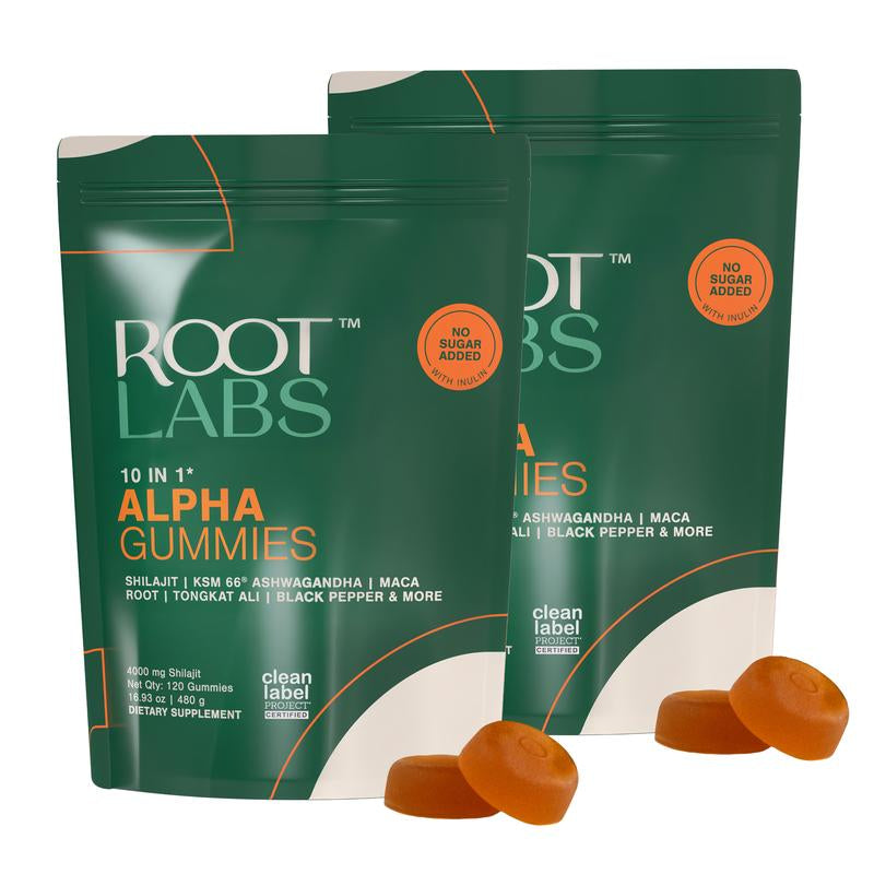 Root Labs 10-1 Alpha Gummies | 4000 Mg Pure Himalayan Shilajit | No Added Sugar | KSM-66 Ashwagandha, Tongkat Ali, Gokshura & Black Musli | Vegan, Non-Gmo, Individually Wrapped | 60 Gummies | Lab Tested for Purity & 3.5X Absorption