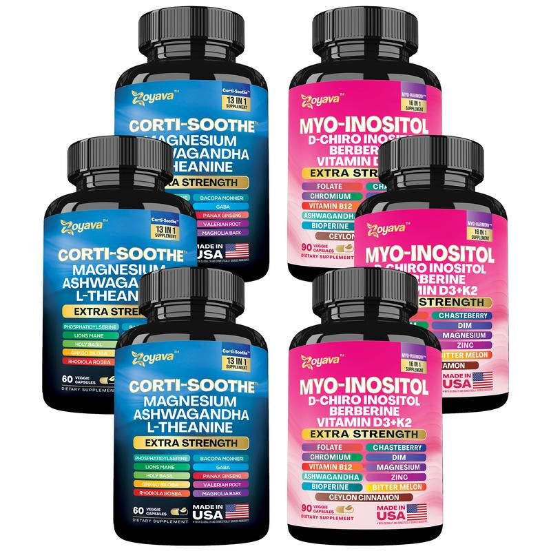Soothe & Smooth Bundle - Zoyava Cortisol and Myo-Inositol All-In-One Dietary Supplement - Multivitamin Combo with Extra Strength Ingredients for Fitness & Healthcare - MADE in USA