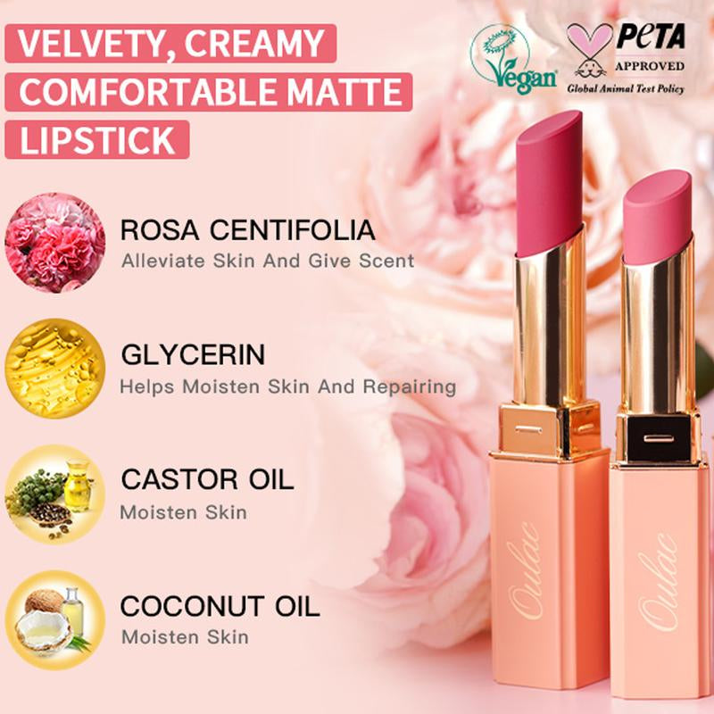 Oulac Creamy Matte Lipstick, Soft Satin Finish Lipsticks for Women with Moisturising Formula, Rich Color, Highly Pigmented Enriched with Rose Oil, Vegan & Cruelty-Free