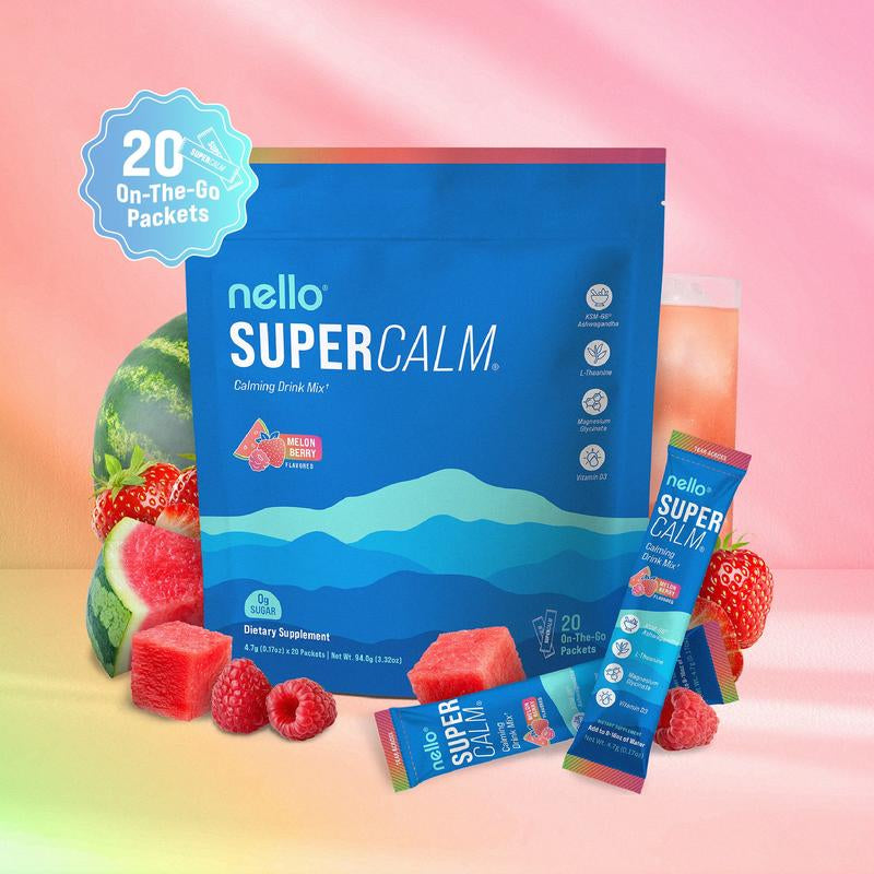 Nello Supercalm – Calming Drink Mix with KSM-66 Ashwagandha, Vitamin D3, Magnesium & L-Theanine – Supports Cortisol Balance, Mood & Sleep, Helps Manage Occasional Stress – Travel Packets (20 Servings)