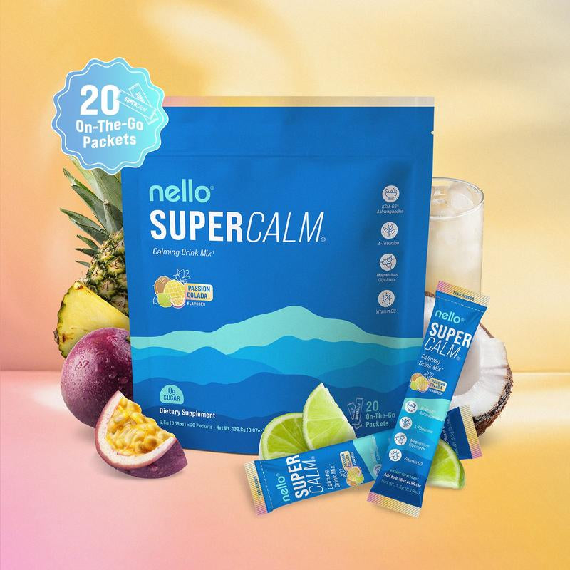 Nello Supercalm – Calming Drink Mix with KSM-66 Ashwagandha, Vitamin D3, Magnesium & L-Theanine – Supports Cortisol Balance, Mood & Sleep, Helps Manage Occasional Stress – Travel Packets (20 Servings)