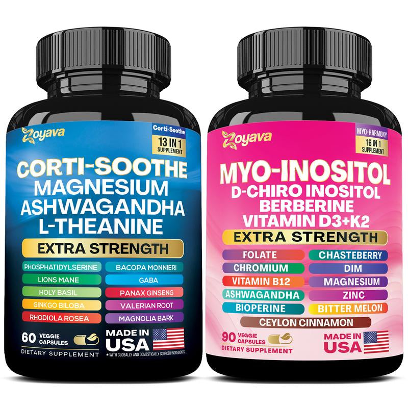 Soothe & Smooth Bundle - Zoyava Cortisol and Myo-Inositol All-In-One Dietary Supplement - Multivitamin Combo with Extra Strength Ingredients for Fitness & Healthcare - MADE in USA