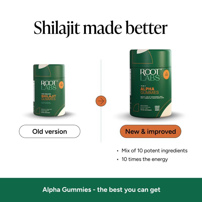 Root Labs 10-1 Alpha Gummies | 4000 Mg Pure Himalayan Shilajit | No Added Sugar | KSM-66 Ashwagandha, Tongkat Ali, Gokshura & Black Musli | Vegan, Non-Gmo, Individually Wrapped | 60 Gummies | Lab Tested for Purity & 3.5X Absorption