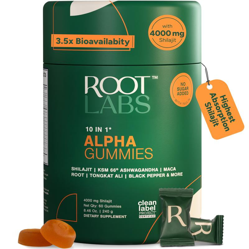 Root Labs 10-1 Alpha Gummies | 4000 Mg Pure Himalayan Shilajit | No Added Sugar | KSM-66 Ashwagandha, Tongkat Ali, Gokshura & Black Musli | Vegan, Non-Gmo, Individually Wrapped | 60 Gummies | Lab Tested for Purity & 3.5X Absorption