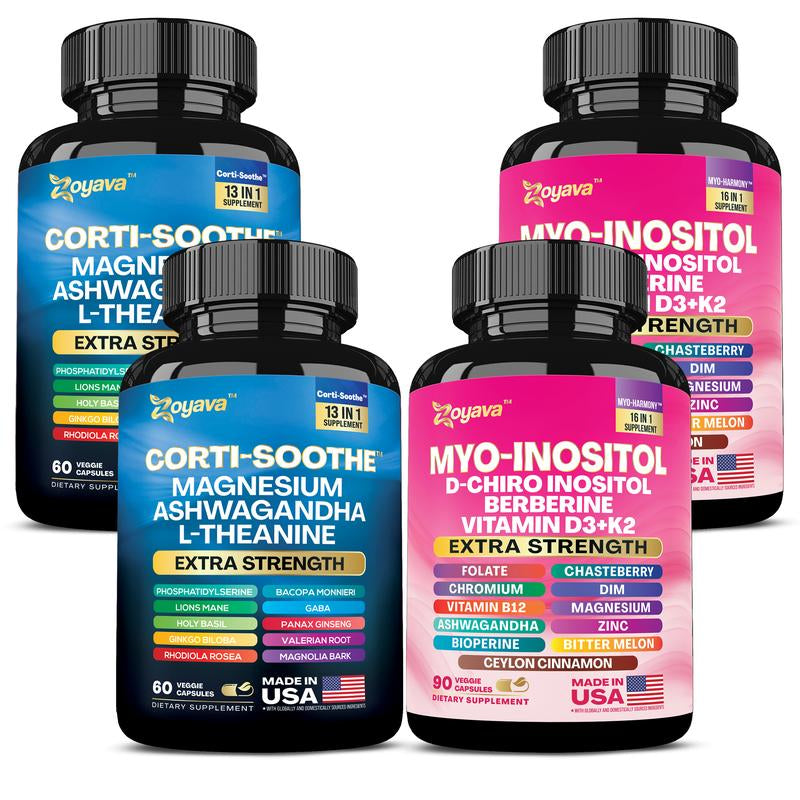 Soothe & Smooth Bundle - Zoyava Cortisol and Myo-Inositol All-In-One Dietary Supplement - Multivitamin Combo with Extra Strength Ingredients for Fitness & Healthcare - MADE in USA