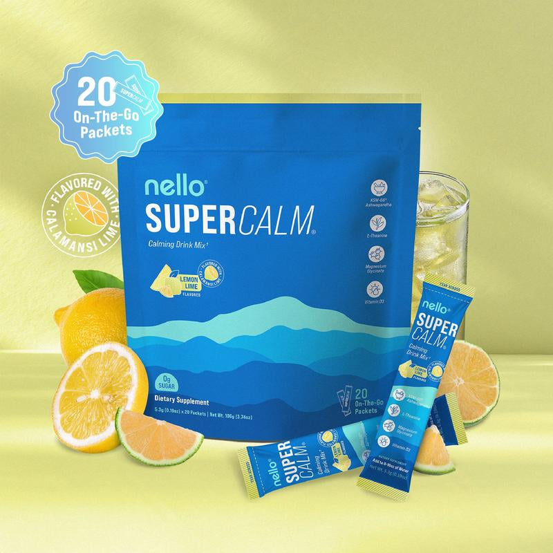 Nello Supercalm – Calming Drink Mix with KSM-66 Ashwagandha, Vitamin D3, Magnesium & L-Theanine – Supports Cortisol Balance, Mood & Sleep, Helps Manage Occasional Stress – Travel Packets (20 Servings)