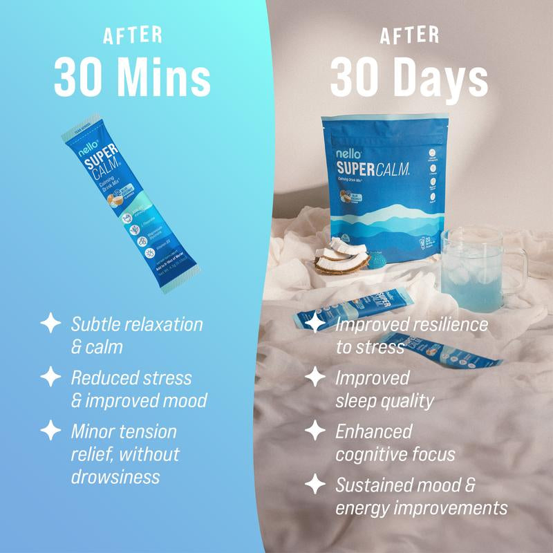 Nello Supercalm – Calming Drink Mix with KSM-66 Ashwagandha, Vitamin D3, Magnesium & L-Theanine – Supports Cortisol Balance, Mood & Sleep, Helps Manage Occasional Stress – Travel Packets (20 Servings)