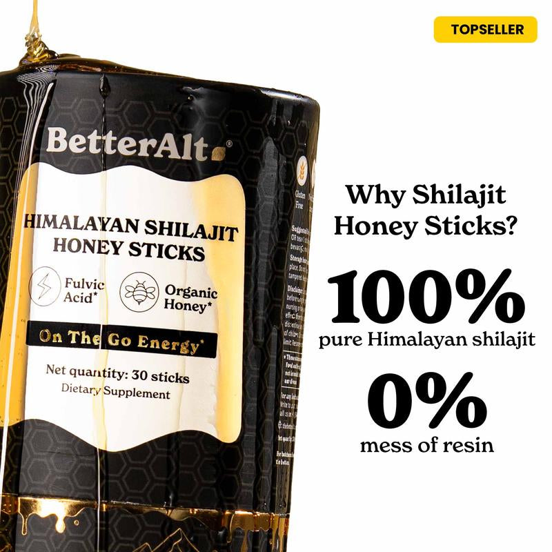 Betteralt GOLD+ Shilajit Honey Sticks | Lab-Tested for Purity | 85 Minerals & Fulvic Acid for Energy & Stamina | 30 Packs | Dietary Supplement
