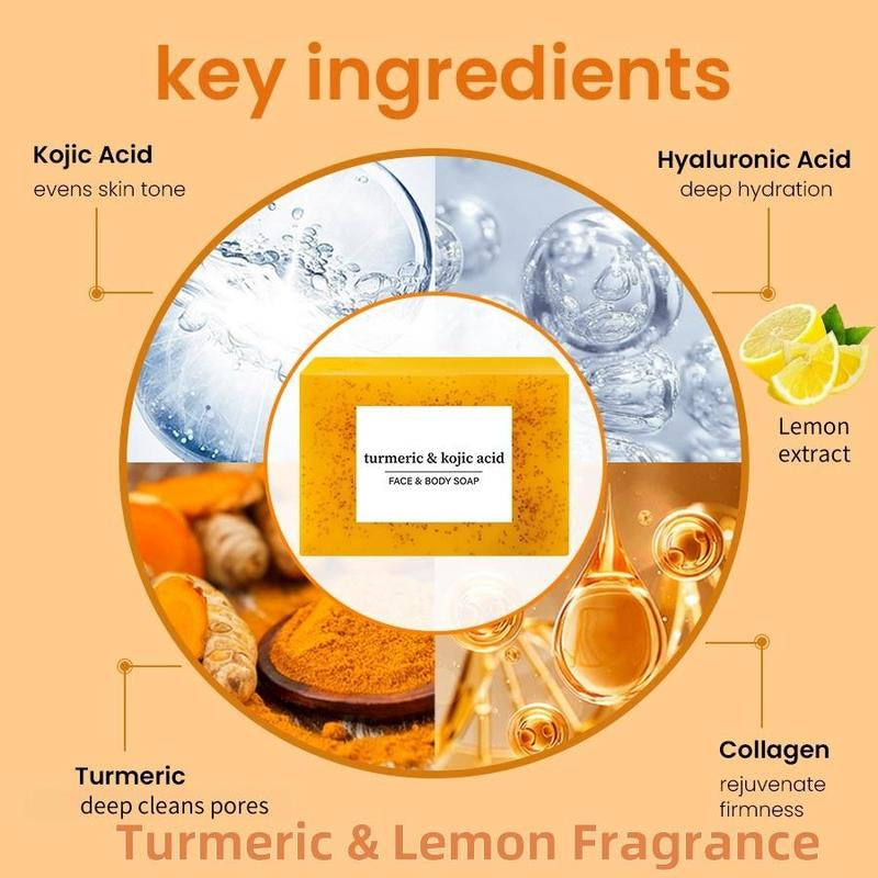 Lemon Turmeric & Kojic Acid Soap Bar, Summer Face & Body Wash for Men & Women, Daily Skincare Cleanser Sets with Soap Saver Bags
