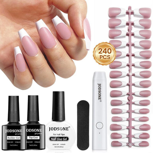 JODSONE 154PCS French Gel Nail Tips Kit French Tip Press on Nails Soft Fack Nail Tips Gel Nail Glue,Builder Gel,Top Coat,Nail Lamp All Included for Nail Art Easy DIY