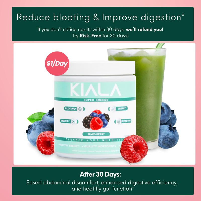 Kiala Nutrition Super Greens Organic Greens Powder with Spirulina & Chlorella for Digestion Gut Health Immunity & Energy Vegan Supplement