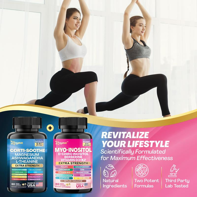Soothe & Smooth Bundle - Zoyava Cortisol and Myo-Inositol All-In-One Dietary Supplement - Multivitamin Combo with Extra Strength Ingredients for Fitness & Healthcare - MADE in USA