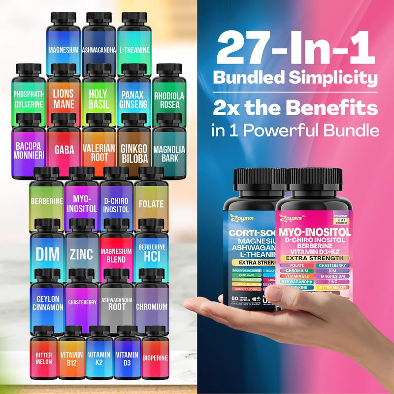 Soothe & Smooth Bundle - Zoyava Cortisol and Myo-Inositol All-In-One Dietary Supplement - Multivitamin Combo with Extra Strength Ingredients for Fitness & Healthcare - MADE in USA