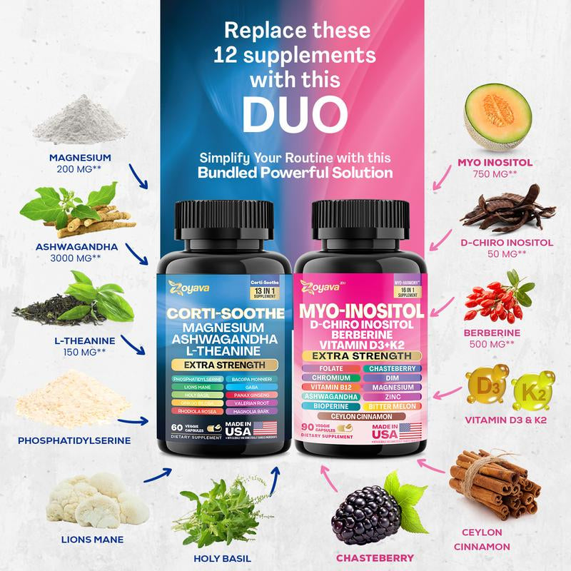 Soothe & Smooth Bundle - Zoyava Cortisol and Myo-Inositol All-In-One Dietary Supplement - Multivitamin Combo with Extra Strength Ingredients for Fitness & Healthcare - MADE in USA