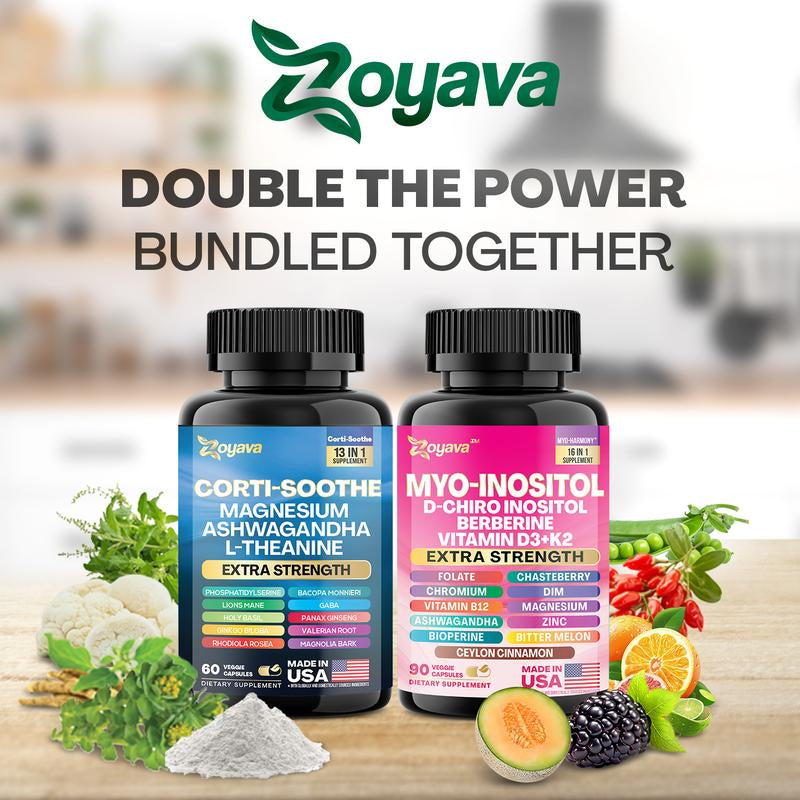 Soothe & Smooth Bundle - Zoyava Cortisol and Myo-Inositol All-In-One Dietary Supplement - Multivitamin Combo with Extra Strength Ingredients for Fitness & Healthcare - MADE in USA