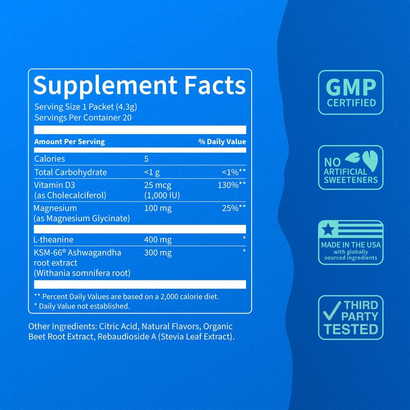 Nello Supercalm – Calming Drink Mix with KSM-66 Ashwagandha, Vitamin D3, Magnesium & L-Theanine – Supports Cortisol Balance, Mood & Sleep, Helps Manage Occasional Stress – Travel Packets (20 Servings)