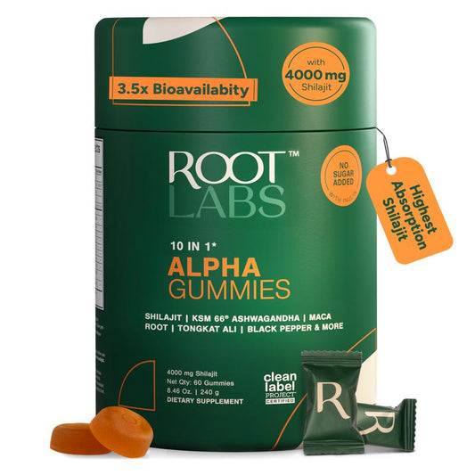 Root Labs 10-1 Alpha Gummies | 4000 Mg Pure Himalayan Shilajit | No Added Sugar | KSM-66 Ashwagandha, Tongkat Ali, Gokshura & Black Musli | Vegan, Non-Gmo, Individually Wrapped | 60 Gummies | Lab Tested for Purity & 3.5X Absorption